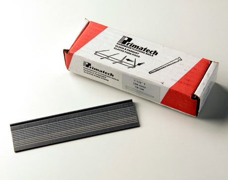 Primatech 38mm 16-gauge T flooring nails, box and collated cleat strip