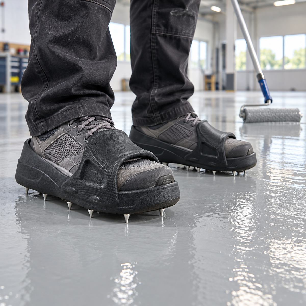 Slip-on spiked overshoes worn over work shoes during epoxy resin floor application