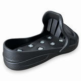 Angled view of a black spiked overshoe showing its moulded footbed and instep bridge