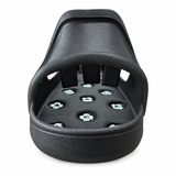 Front detail of a slip-on spiked overshoe showing the textured bridge and internal fixings