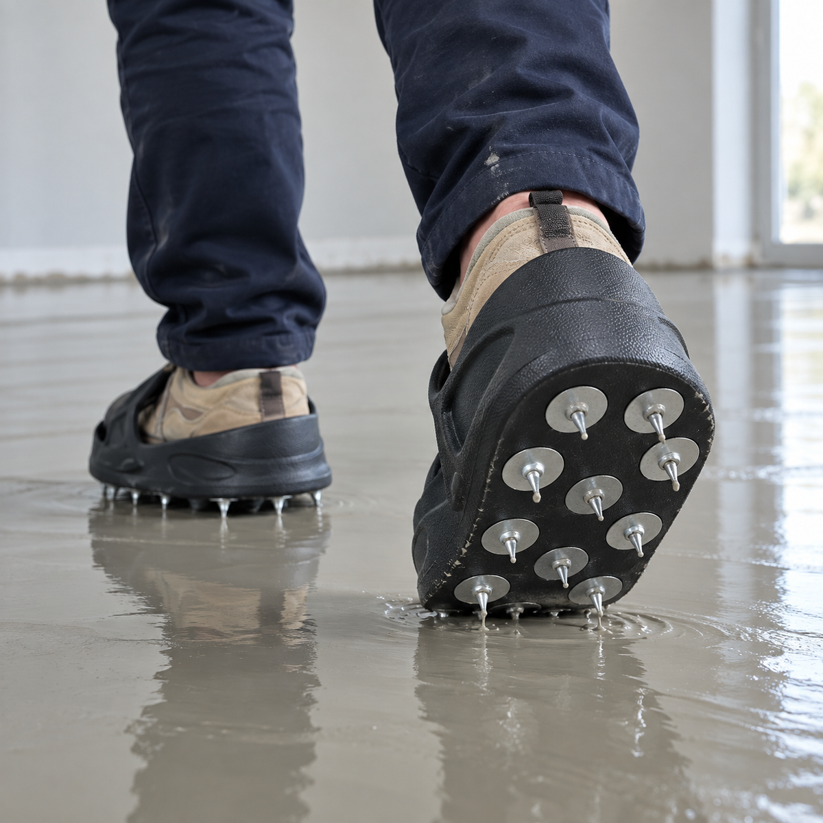 Installer wearing slip-on spiked overshoes while walking on wet floor levelling compound