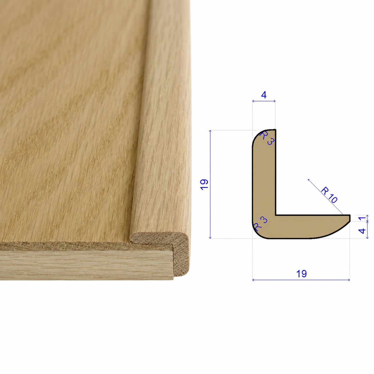 Solid oak L-bead corner moulding measuring 19 mm high by 19 mm wide, fitted over a timber board edge