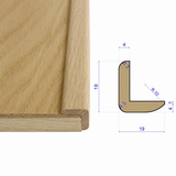 Solid oak L-bead corner moulding measuring 19 mm high by 19 mm wide, fitted over a timber board edge