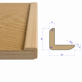 Solid oak L-bead corner moulding measuring 19 mm high by 24 mm wide, fitted over a timber board edge