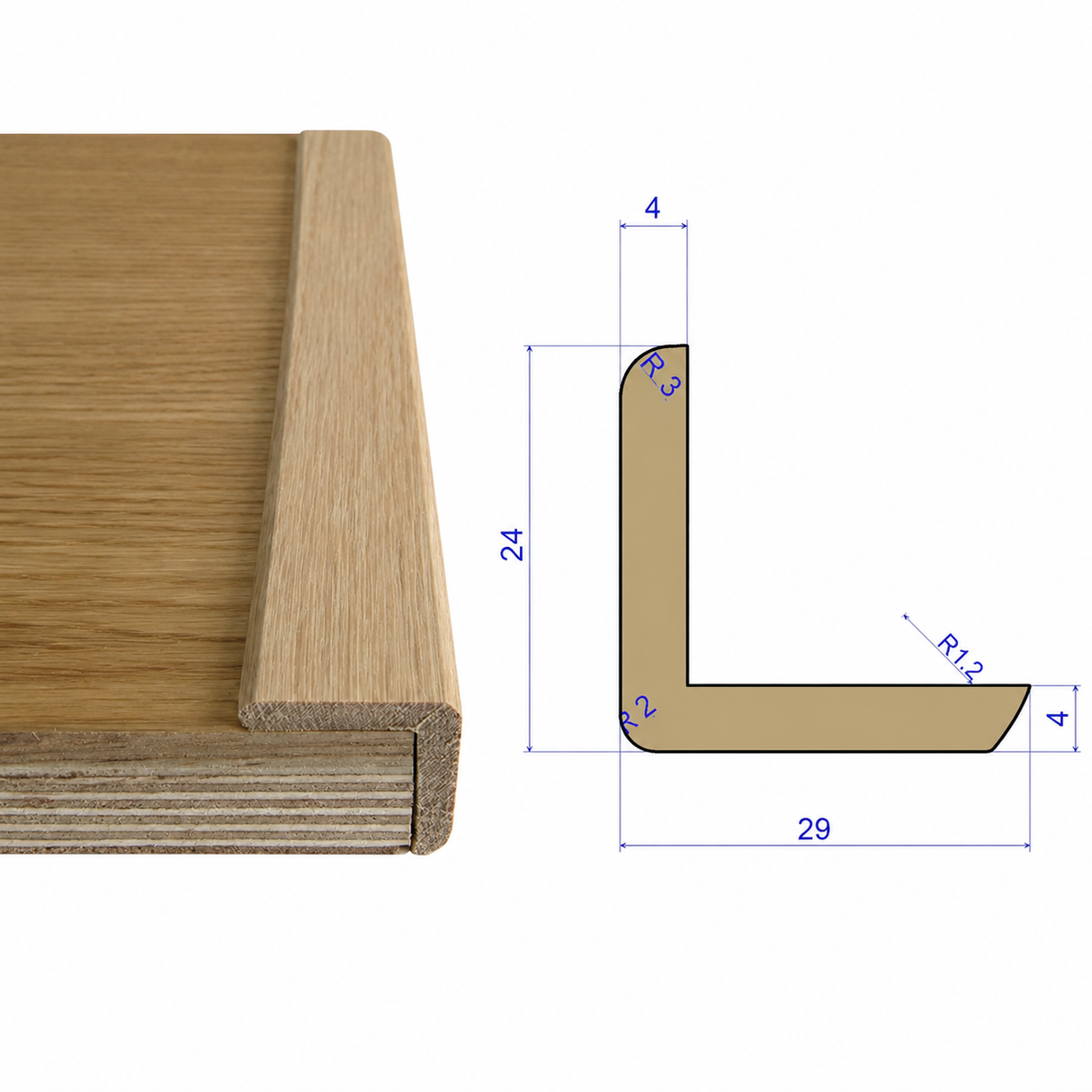 Solid oak L-bead corner moulding measuring 24 mm high by 29 mm wide, fitted over a timber board edge