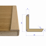 Solid oak L-bead corner moulding measuring 24 mm high by 29 mm wide, fitted over a timber board edge