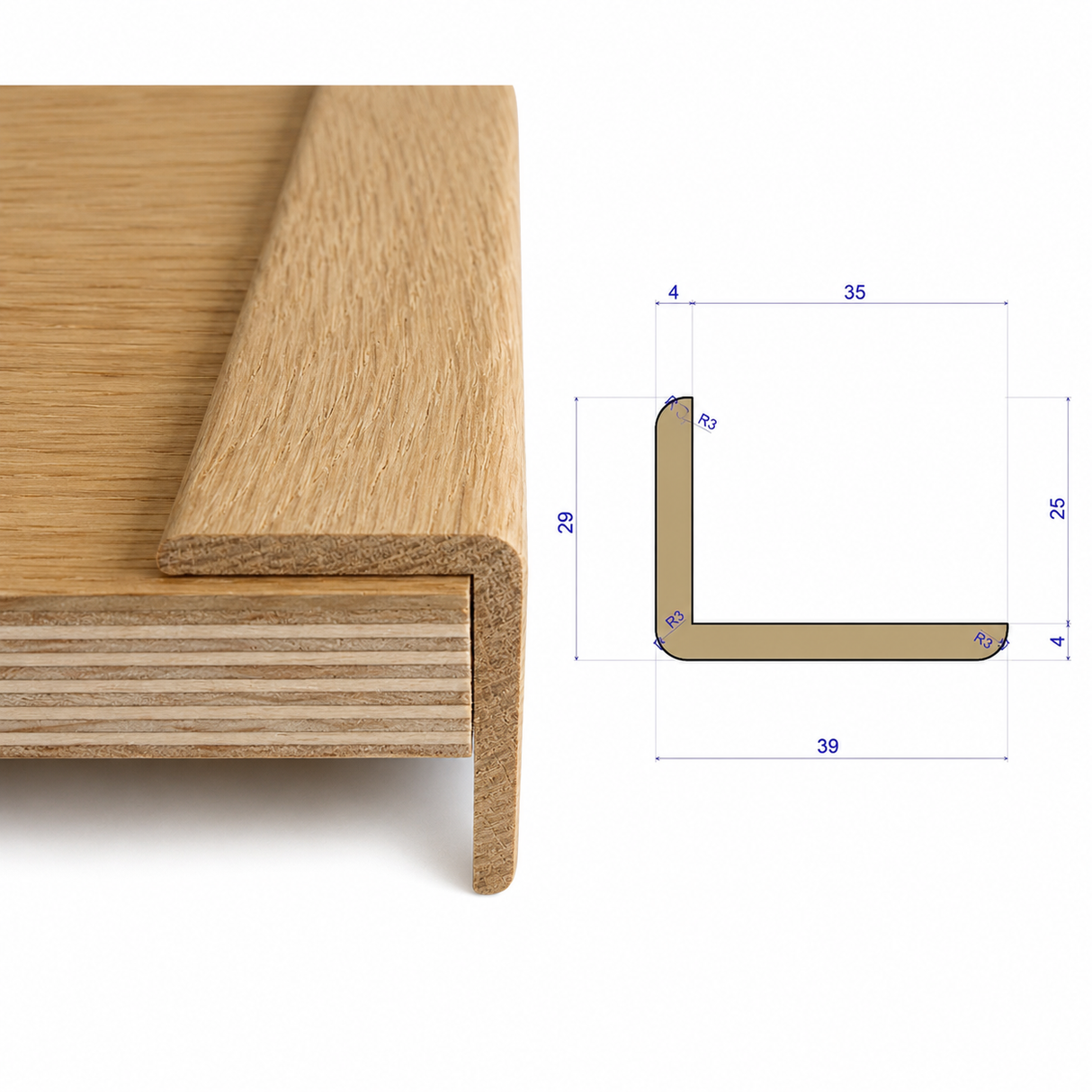 Solid oak L-bead corner moulding measuring 29 mm high by 39 mm wide, fitted over a timber board edge