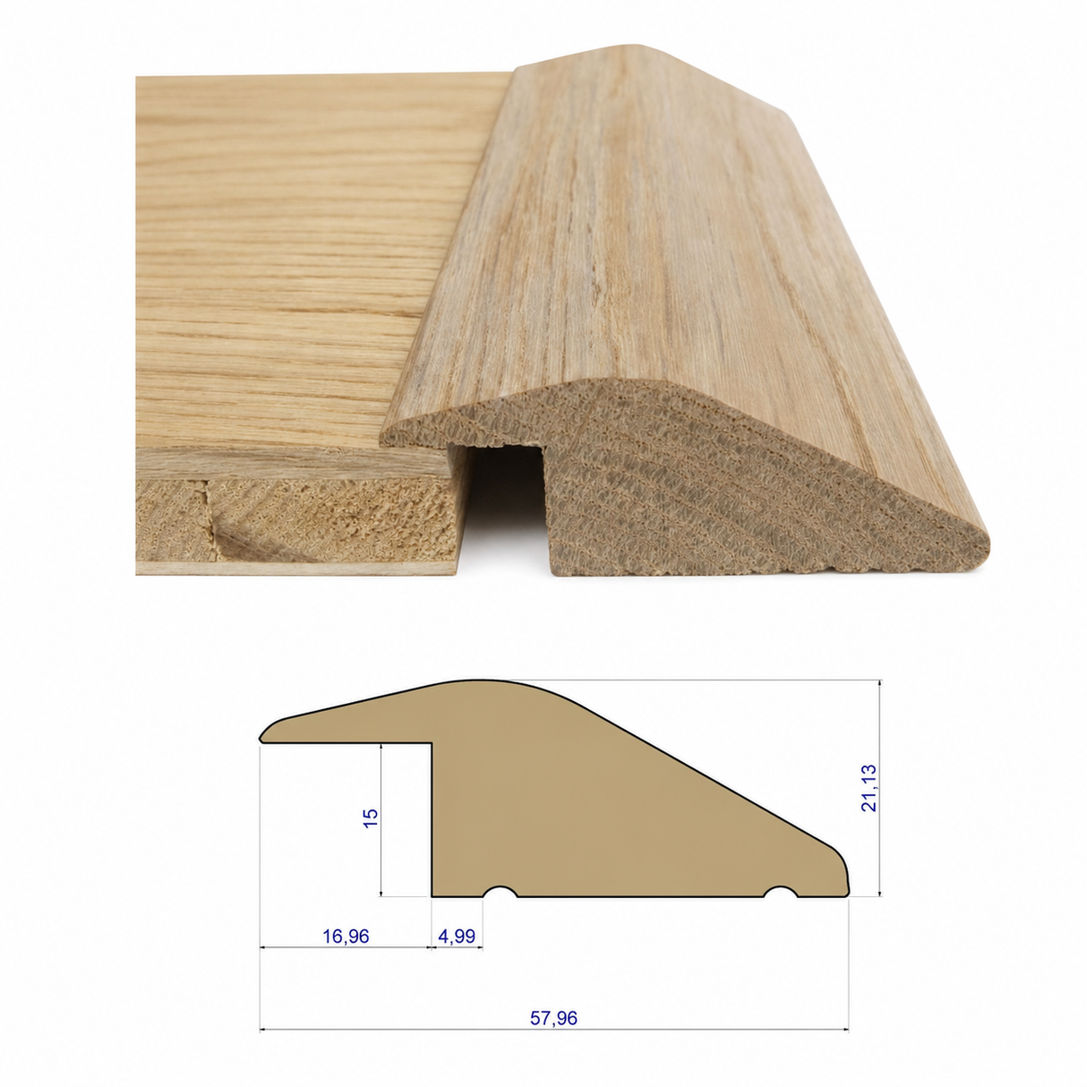 Solid oak ramp threshold with a 15 mm over-rebate height