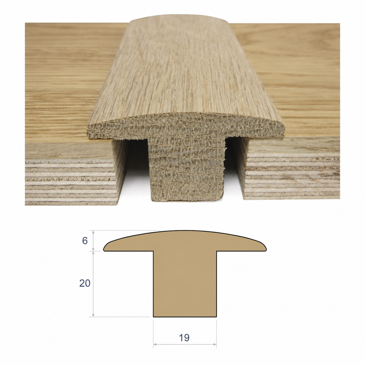 Solid oak T-section threshold with 20 mm stem height and 19 mm stem width