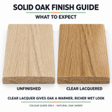 Solid oak finish guide comparing pale unfinished oak with warmer clear lacquered oak