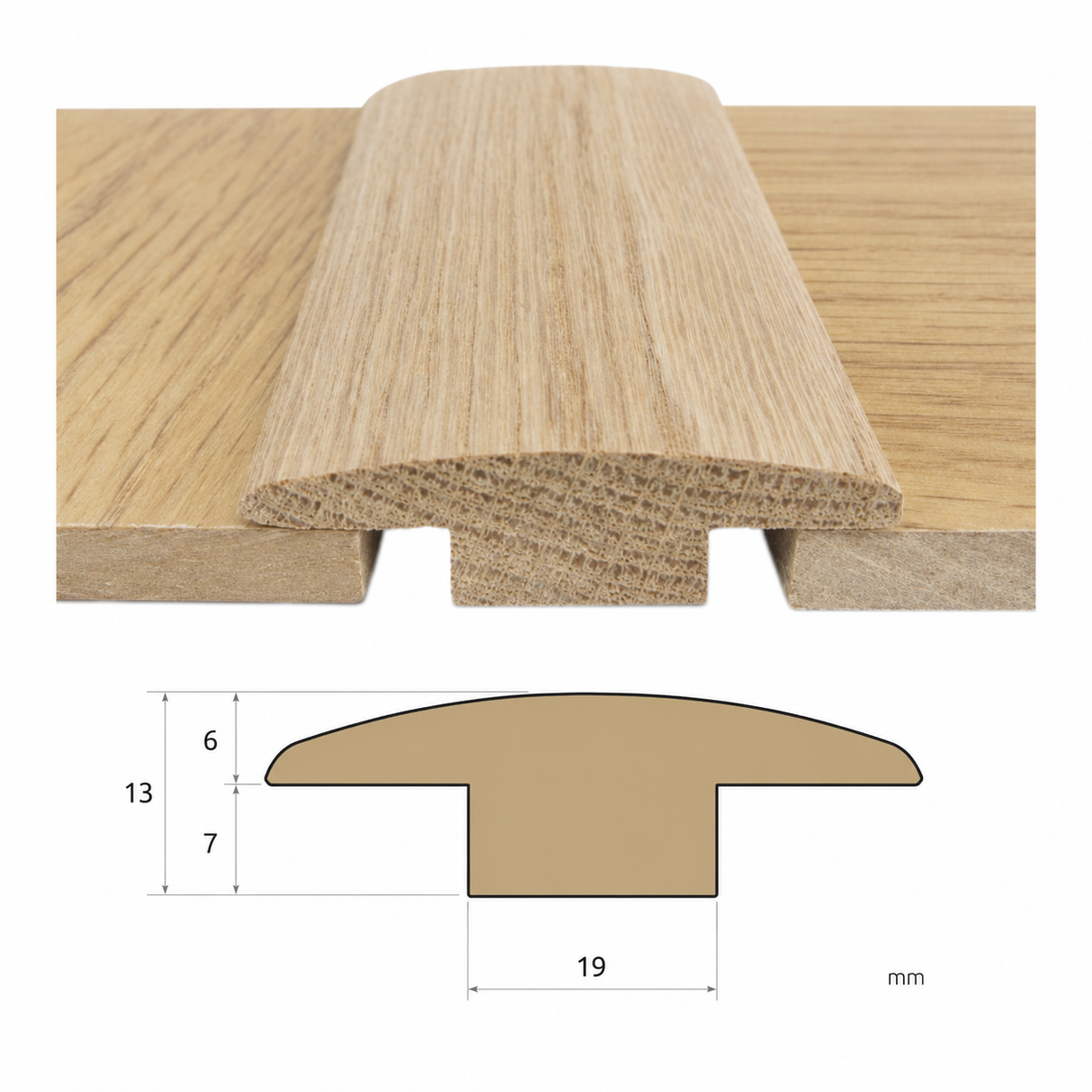 Solid oak T-section threshold with 7 mm stem height
