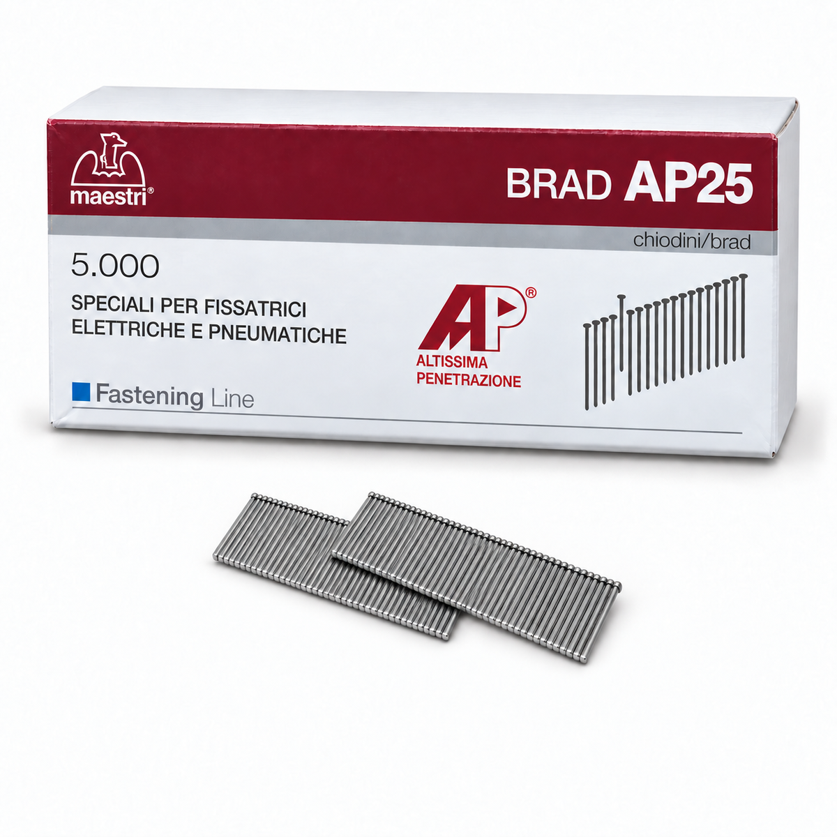 Maestri AP25 25mm brad nails with box, pack of 5000