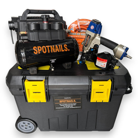 Spotnails SFN19 Coil Nailer & SFC240 Low Noise Compressor Kit (In wheeled Box)
