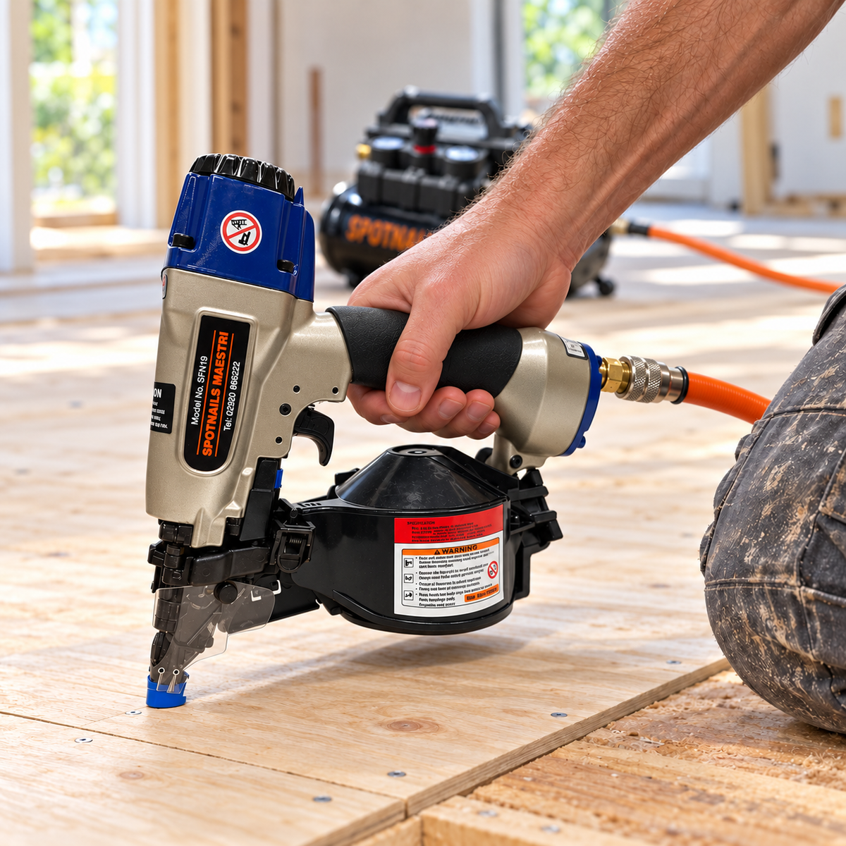 Spotnails SFN19 coil nailer, SFC240 Spotnails SFN19 coil nailer held against a plywood subfloor, with an orange airline connected and compressor behind.